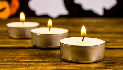 Three tea light candles on a wooden surface