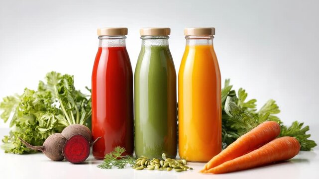 Brightly colored juices showcase vibrant hues, emphasizing freshness and natural ingredients. Each bottle represents health, with vegetables enhancing appeal.