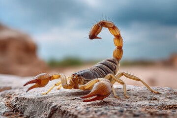 A desert scorpion with its tail raised high in a defensive posture, captured in a close-up macro shot