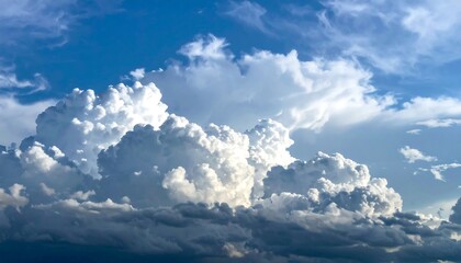 Dramatic cumulus clouds against a vibrant blue sky