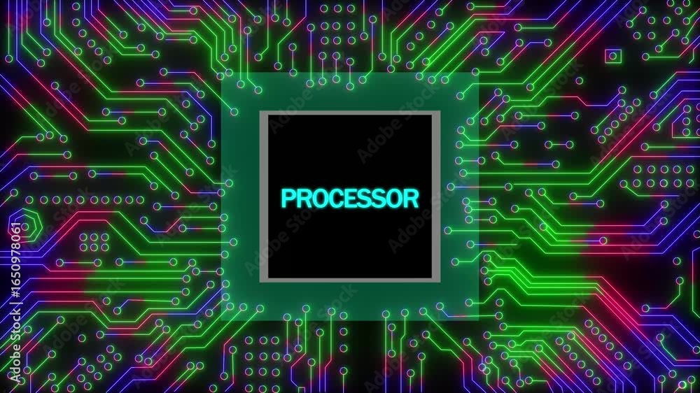Aufkleber futuristic neon circuit board design featuring central processor with glowing blue text, highlightin