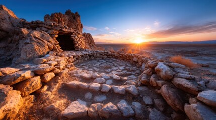 A captivating image of ancient stone ruins under a dramatic sunset, invoking a sense of history and time, perfect for adventure and cultural exploration themes.