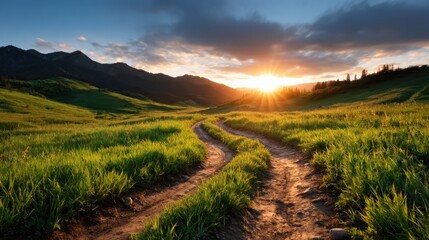 This captivating image showcases a winding dirt path through lush green fields, leading towards a breathtaking sunset illuminating the mountains in the distance.