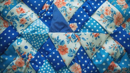 Patterned quilt with floral and polka dot designs in blue and peach colors.