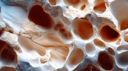 This captivating close-up portrays an intricate white stone, filled with unique hollow patterns and beautiful textures, evoking feelings of wonder and curiosity about nature's designs.