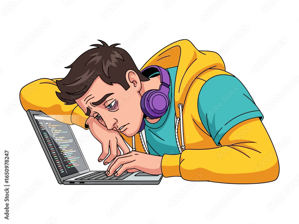 Poster exhausted programmer: a weary programmer, leaning on a laptop displays lines of code, the headphones