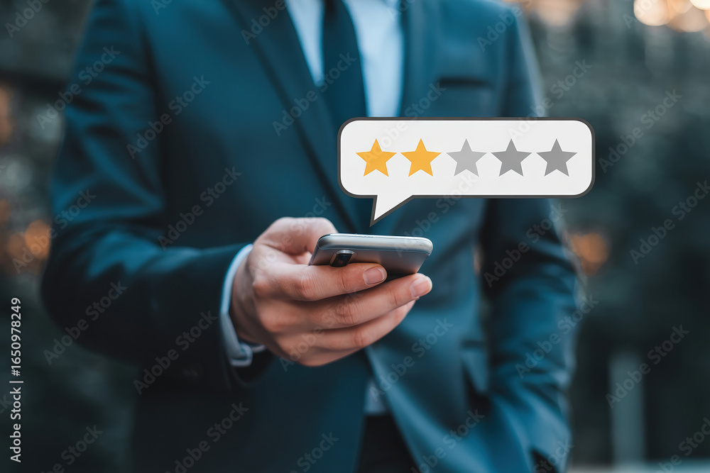Poster businessman using mobile phone to provide two star rating indicating low feedback and dissatisfactio