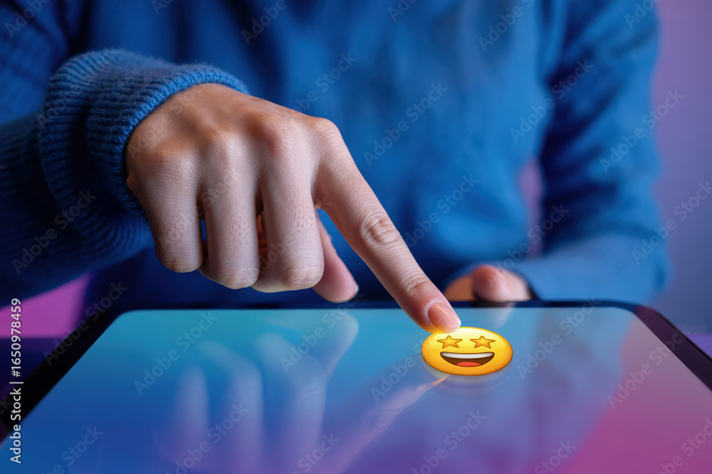 Poster capturing delight expressing excitement with a starry-eyed emoji on a tablet screen reflecting posit