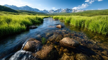 A picturesque mountain landscape featuring a clear stream flowing through lush green grass, surrounded by majestic peaks under a bright blue sky, perfect for nature lovers.