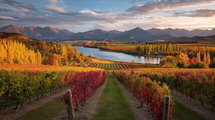 Naklejka premium Stunning autumn vineyards of chard farm, new zealand, suitable for travel brochures, wine labels, website banners, and social media posts.