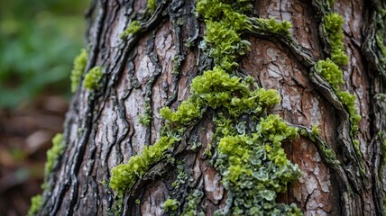 Close-up of a tree trunk covered in vibrant green moss, showcasing nature's textures and colors.