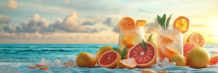 Citrus spritzes on coral linen with sea horizon panorama