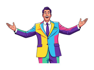 Joyful Man in Vivid Attire: A smiling gentleman, dressed in a vibrant, multi-colored suit, extends his arms in a gesture of welcome and enthusiasm, radiating positivity.