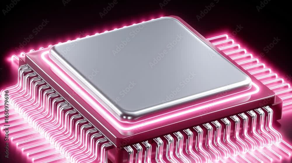 Poster futuristic microchip with glowing pink neon circuit lines and vibrant electronic processor technolog