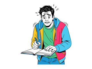 Nervous Writer's Block: A young writer struggles with writer's block, his face etched with anxiety as he grapples with his notebook and pen. Capturing the frustration and mental block.