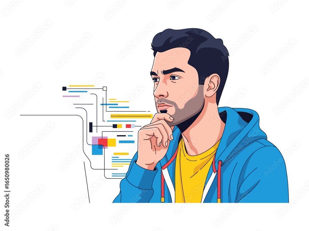 Poster man contemplating futuristic code: a person, immersed in thought, studies complex digital code that 