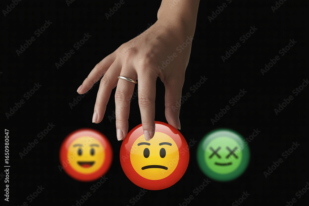 Poster customer feedback selection with low feedback indicated by unhappy face button being pressed on blac