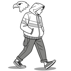 Hooded figure walking with eagle head person hoodie