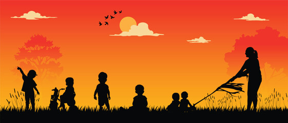 Obraz premium Children Playing Outdoors at Sunset Silhouette
