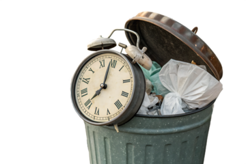 Wasting Time Concept Alarm Clock In Trash Bin on AI generated by PNG