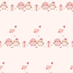 cute seamless pattern for Valentine's Day, Bird Couple with heart-shaped balloons, gift and flowers, pink background
