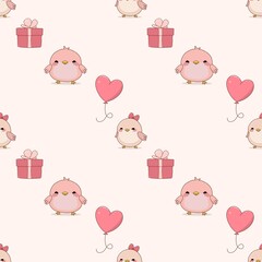 cute seamless pattern for Valentine's Day, drawn birds, heart-shaped balloon, gift, pink background