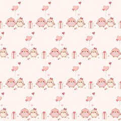 cute seamless pattern for Valentine's Day, drawn birds with heart-shaped balloons, gift and flowers, pink background