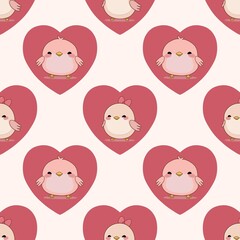 cute seamless pattern for Valentine's Day, drawn birds in a red heart on a pink background