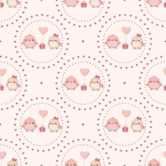 cute seamless pattern for Valentine's Day, drawn birds in a circle of hearts, with heart-shaped balloons and a gift