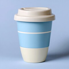 Light-blue and cream-colored travel mug with lid