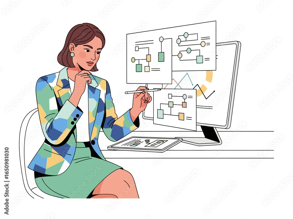 Poster data analyst in action: a focused data analyst meticulously examines intricate diagrams and charts, 