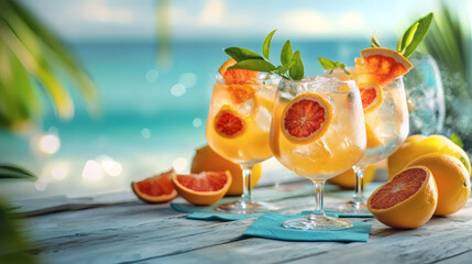 Golden hour citrus spritzes on bleached wood with teal accents