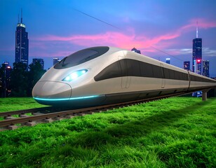 Fototapeta premium Futuristic train on a grassy embankment at twilight in a city