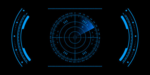 HUD radar tech with cyberpunk military screens and futuristic UI displays. AI scanning interfaces for virtual cockpits or spaceship dashboards. Digital hologram systems with target grids for game.