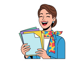 Happy woman holding documents: A vibrant illustration of a cheerful woman, radiating joy as she clutches a stack of colorful documents.