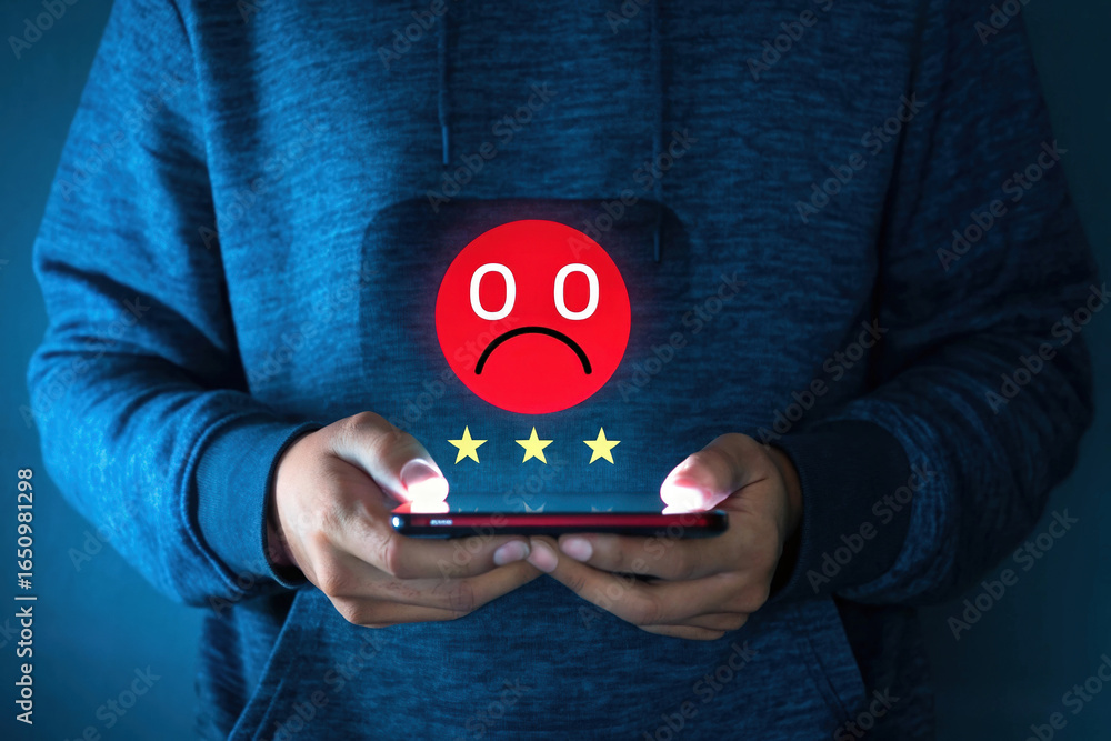 Poster customer review with low feedback on mobile phone screen displaying a sad face and three stars, indi