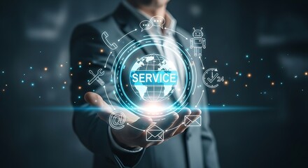 Business professional holding a glowing digital service interface with global connections