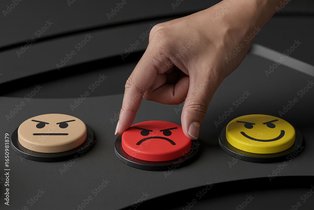 Poster customer satisfaction feedback buttons with low feedback indicated by sad face button being pressed 