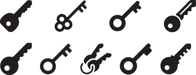 Key Icon Set – Security, Lock, Unlock, Password, Symbol, Tool, Metal, Protection, Privacy, Access, Door, Safety, Vector, Isolated, Black, Design, Icon, Collection