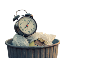 Wasting Time Concept Alarm Clock In Trash Bin on AI generated by PNG