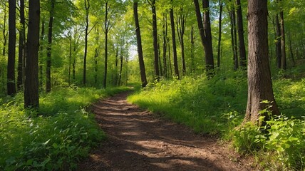 Serene forest pathway surrounded by lush green trees and sunlight filtering through the leaves.