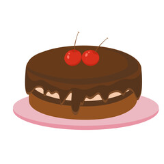 Rich chocolate cake decorated with shiny glaze and cherries. Ideal for sweet-themed graphics and cafe artwork.