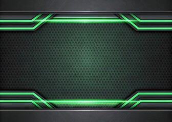 Abstract futuristic black and green background with luminous neon light accents, metallic perforated texture, glowing honeycomb hexagon design, and modern layered frame creating a tech innovation effe