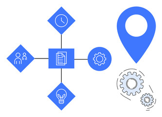 Central document connecting clock, people, idea, and gear icons. Large location pin and gears nearby. Ideal for process planning, teamwork, location-based project management, time tracking workflow