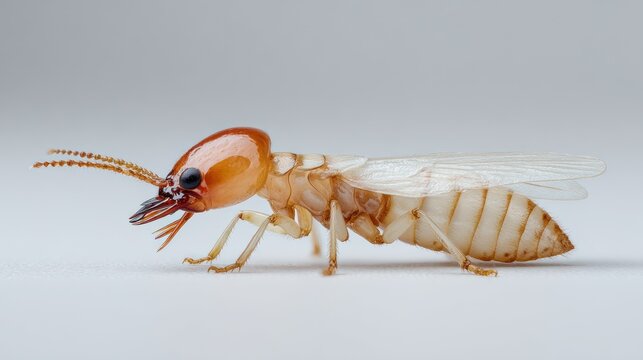 Termite with wings on a white surface, showing anatomical details and translucent features