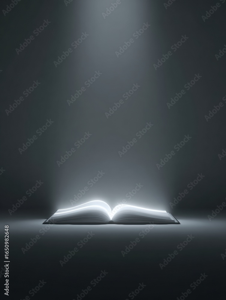 Poster softly illuminated open book in a dark space showcasing pages glowing with ethereal light