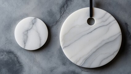 Marble plates on gray surface with black handle, round shape, natural veining.