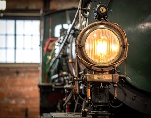 Fototapeta premium Nostalgic glow: Close-up of a vintage steam train headlight in a depot