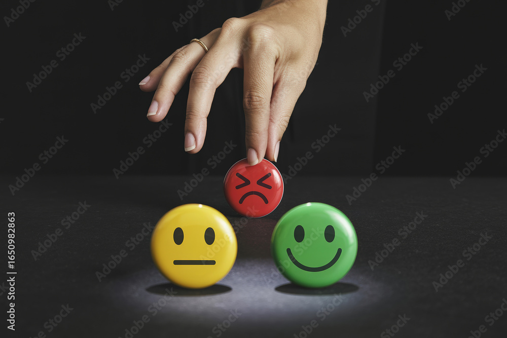 Poster customer satisfaction survey with low feedback: hand selecting negative emotion button among positiv