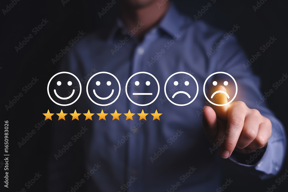 Poster customer sentiment analysis businessman evaluating low feedback with smiley faces and stars for serv